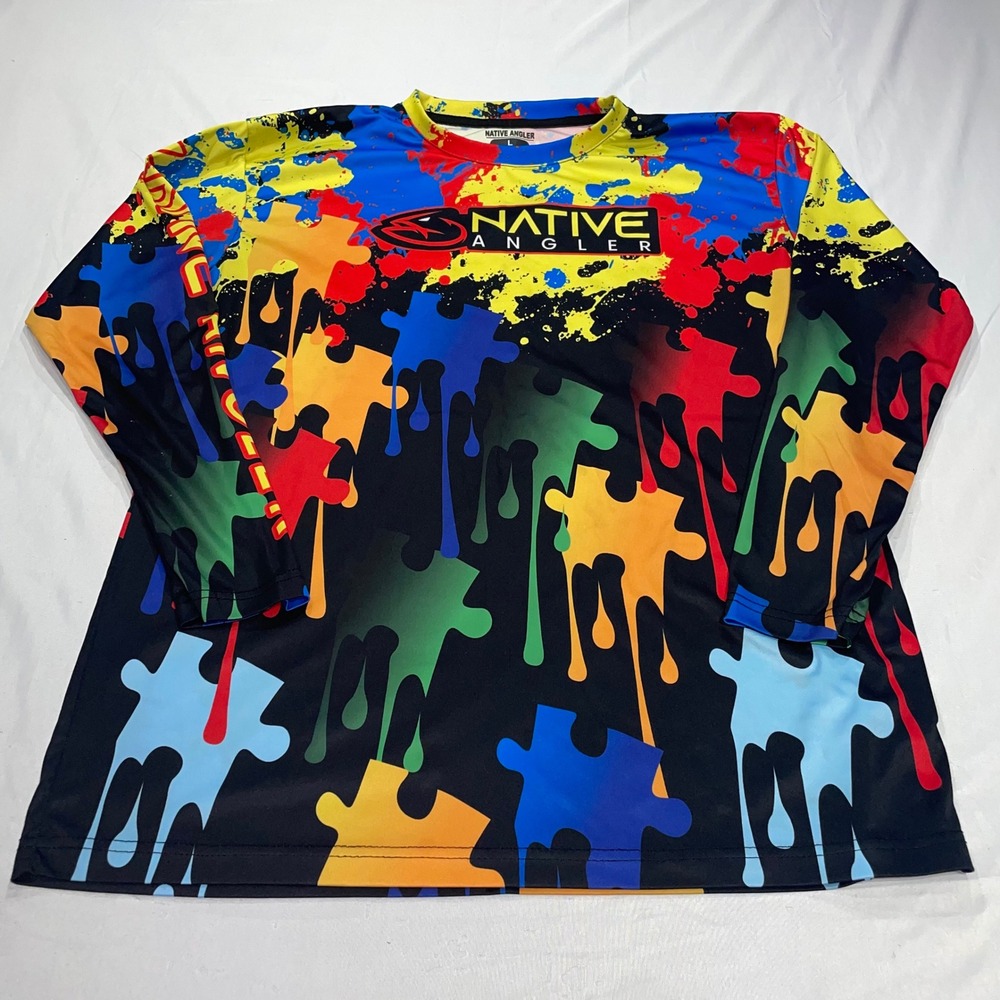 Native Angler Mens Large Long Sleeve Performance Shirt Puzzle Paint Splatter L